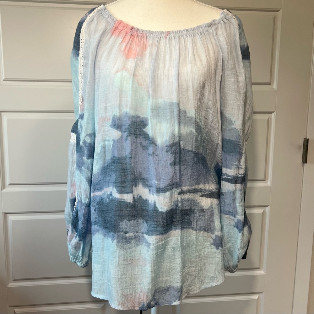 Zac & Rachel Tie Dye Peasant Blouse Long Sleeve Lace Trim Boho Top Bohemian 1X